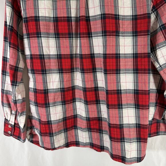 Talbots Blouse Women's Medium Red White Metallic Plaid Button Up Long Sleeve - Picture 9 of 9